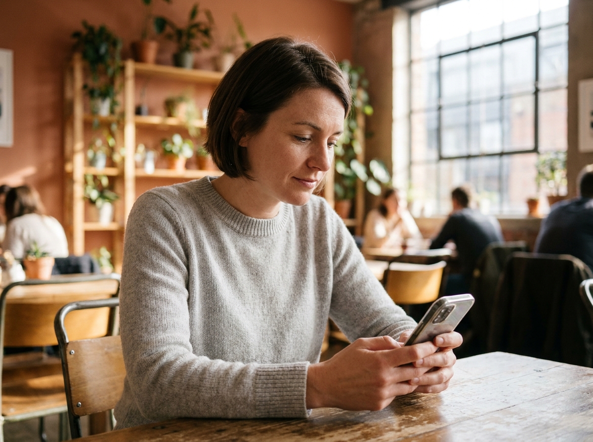 Femme prenant rendez-vous chez l'opticien sur son smartphone dans un café