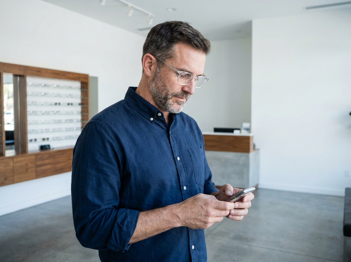 Homme utilisant une application mobile pour prendre rendez-vous chez l'opticien