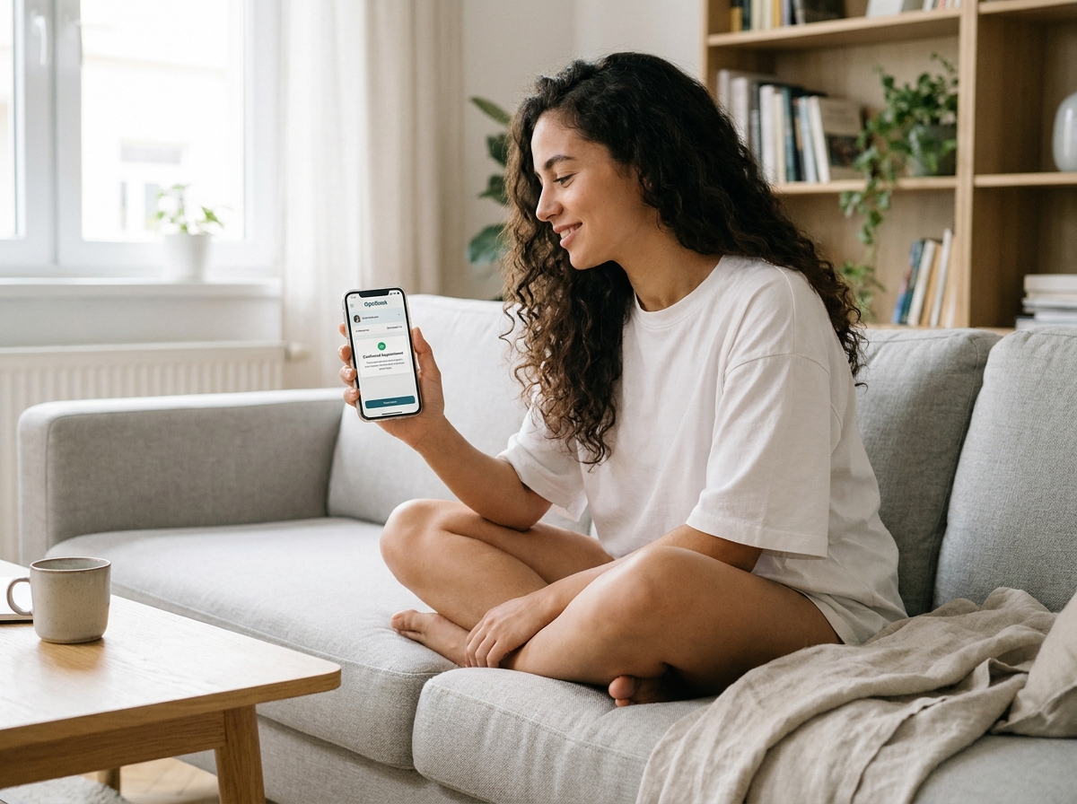 Jeune femme prenant rendez-vous opticien sur smartphone depuis son salon à domicile
