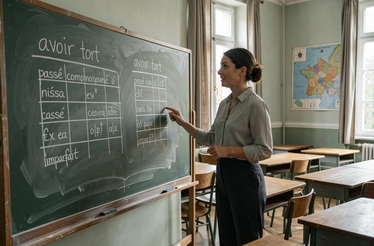 Professeure de français expliquant la conjugaison du verbe avoir tort au passé composé et à l'imparfait devant un tableau noir avec des exemples écrits à la craie